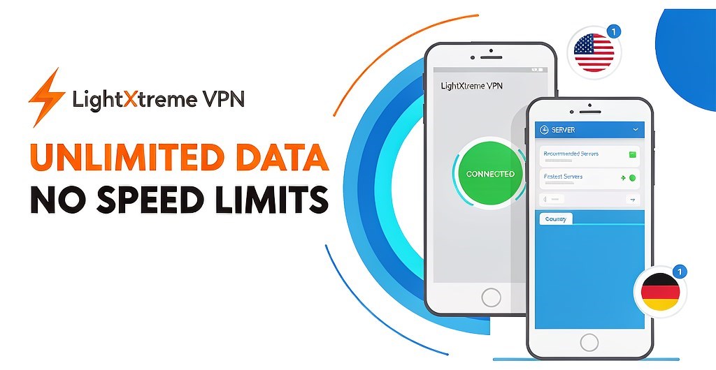 LightXtreme VPN client: unlimited data and speed, 2,200+ servers across 70+ countries, multiple devices online at once